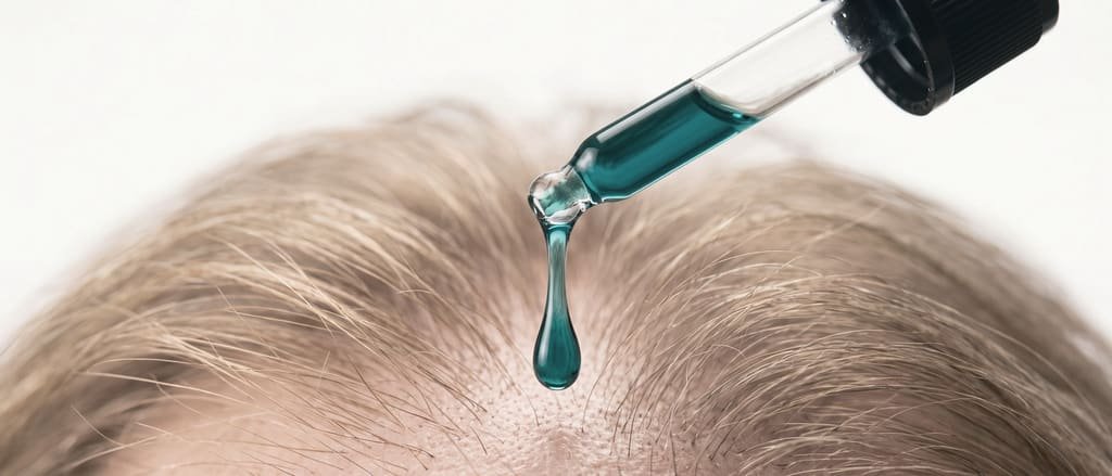 A dropper applying hair serum to a thinning scalp