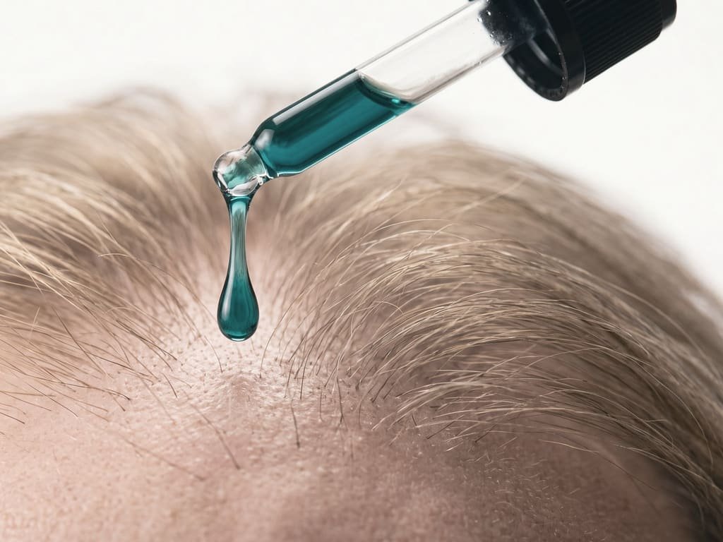 A dropper applying hair serum to a thinning scalp